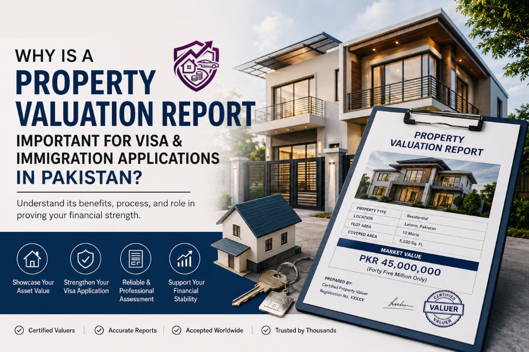 Professional property valuation report in Pakistan for visa and immigration applications showing certified real estate valuation documents and residential property assessment.