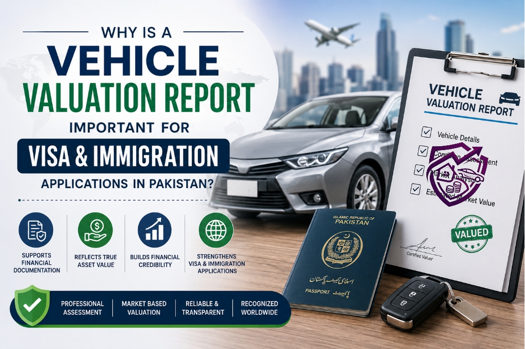 Why is vehicle valuation report important for visa and immigration? Certified vehicle valuation report in Pakistan showing professional vehicle appraisal, market value assessment, and embassy-compliant financial documentation.