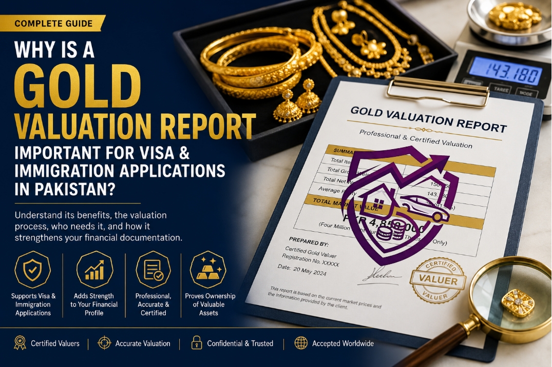 Professional Gold Valuation Report for visa and immigration applications in Pakistan featuring certified gold jewellery appraisal, bullion valuation, and financial documentation.
